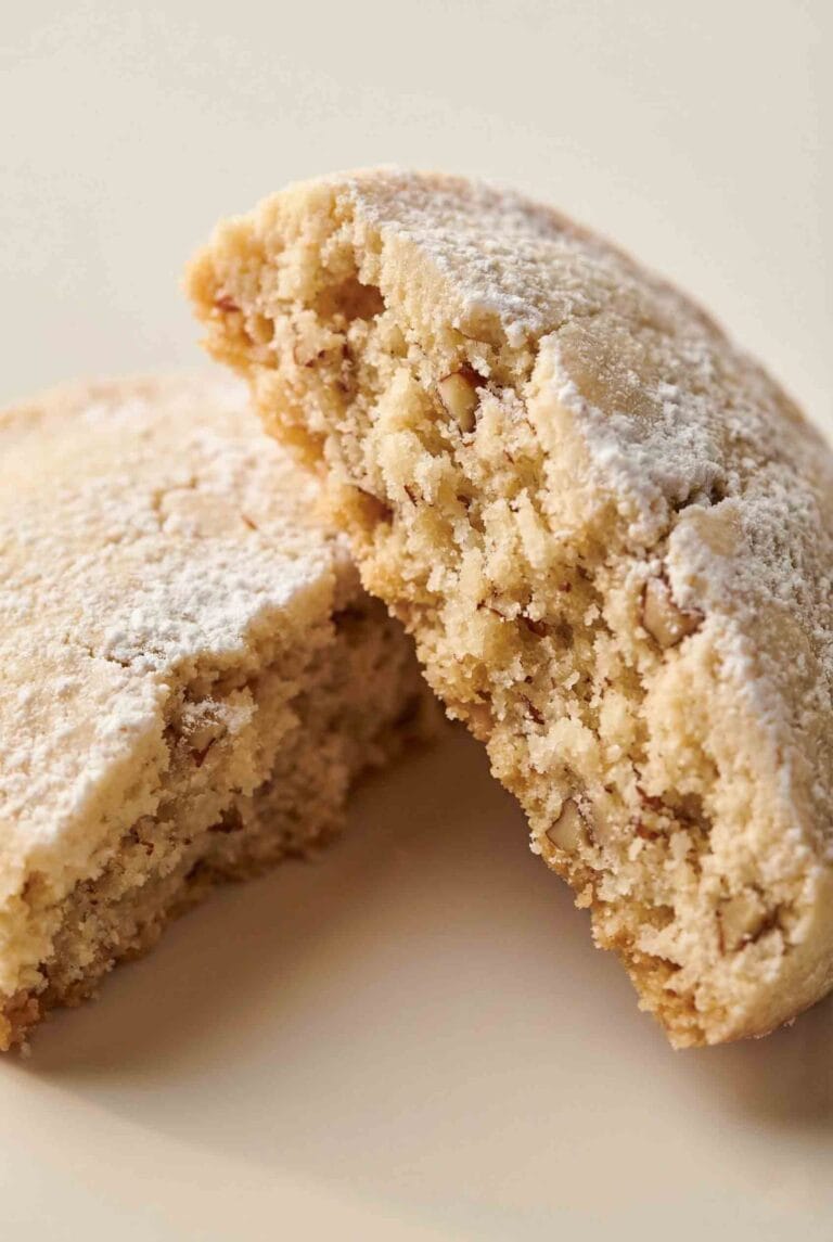 Broken Pecan Sandies showing a clean crumbly interior with finely chopped pecans, sandy texture and tender buttery center