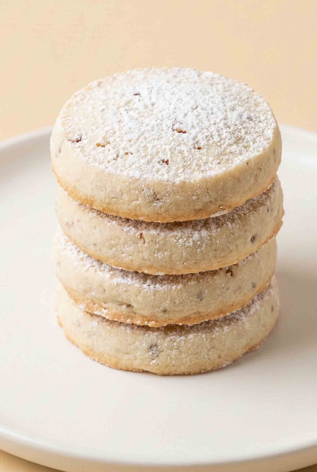 Stacked Pecan Sandies dusted with powdered sugar on a white plate, pale sandy cookies with a dry crumb and buttery pecan texture