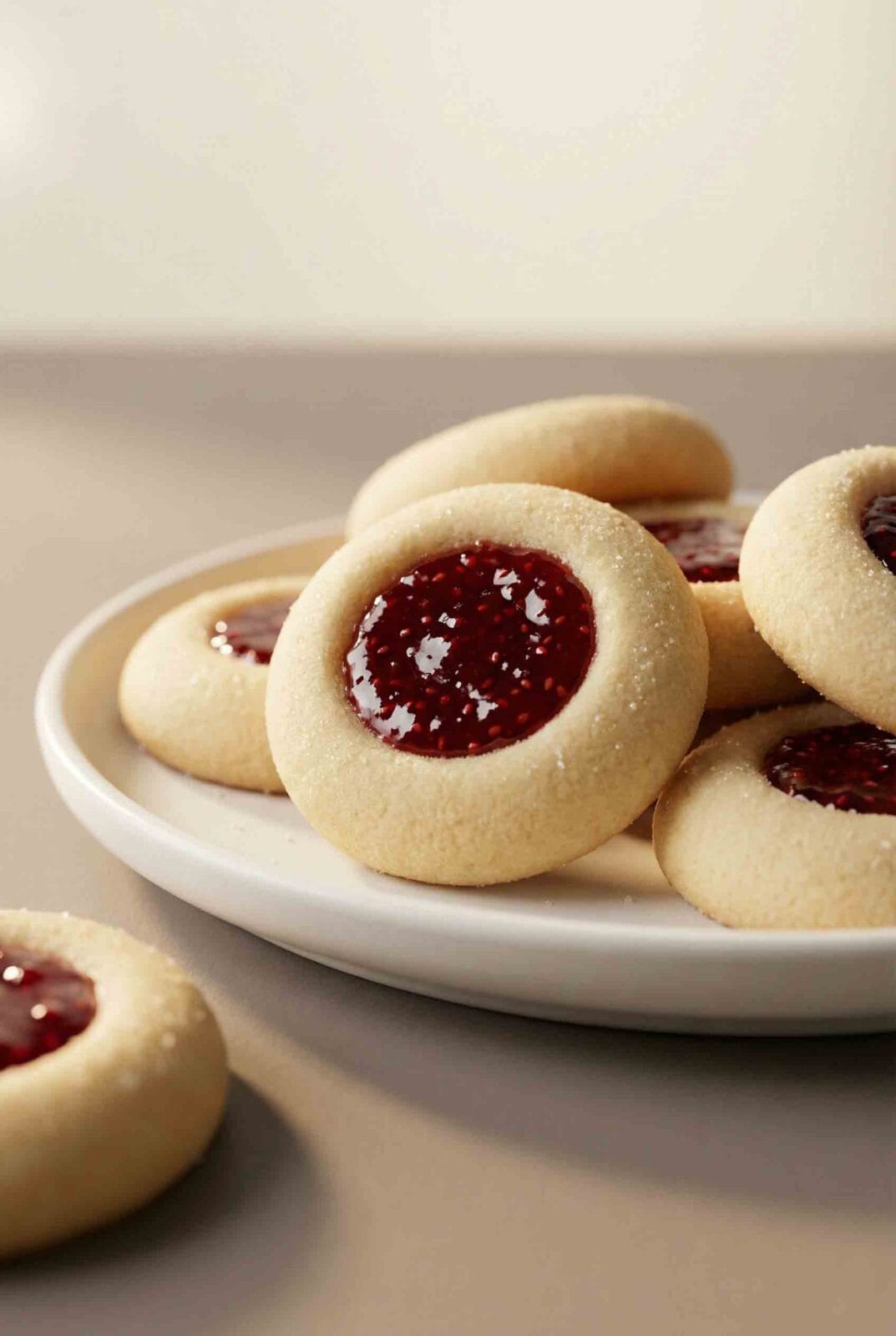 White plate filled with raspberry thumbprint cookies on a warm cream background
