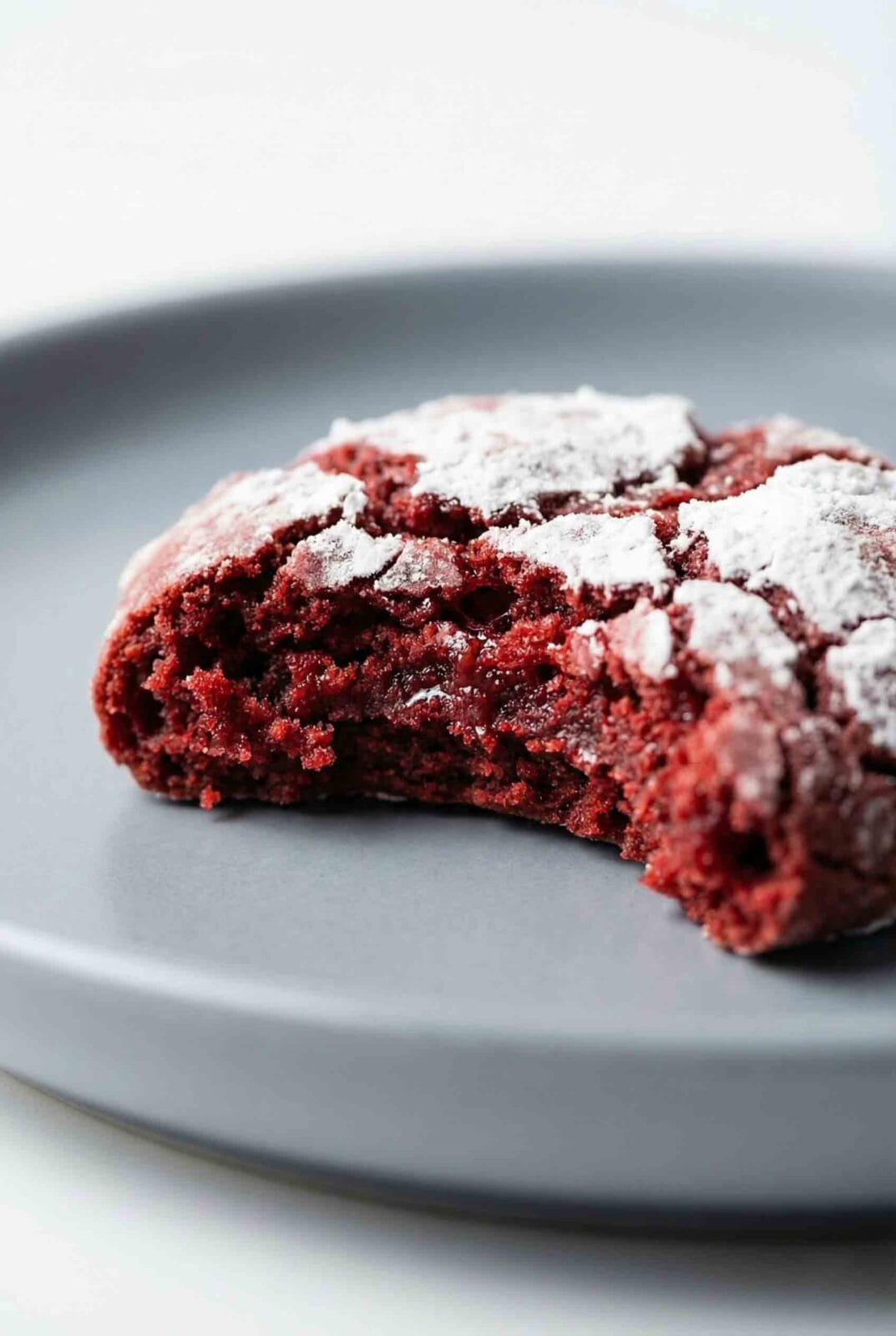 Extreme close-up macro photo of a bitten red velvet crinkle cookie showing detailed interior crumb texture and powdered-sugar crust.