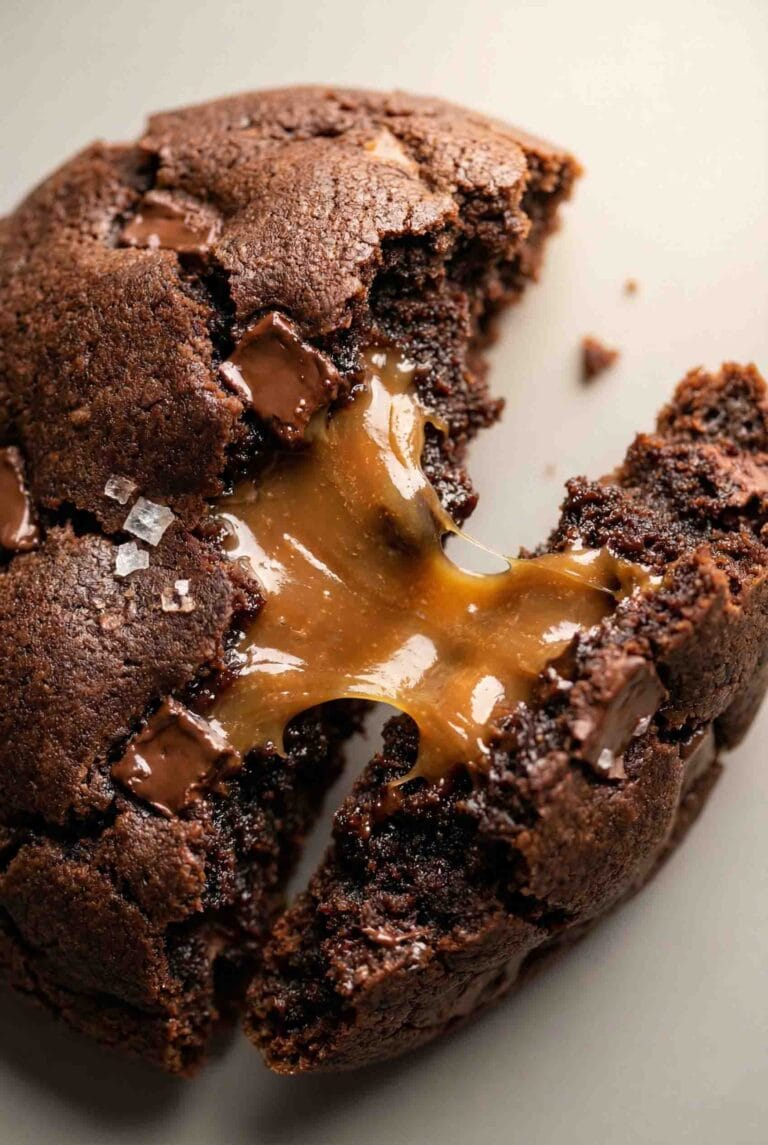 Extreme macro of salted caramel chocolate cookie with organic break, thick molten caramel center, dense fudgy crumb, and subtle sea salt