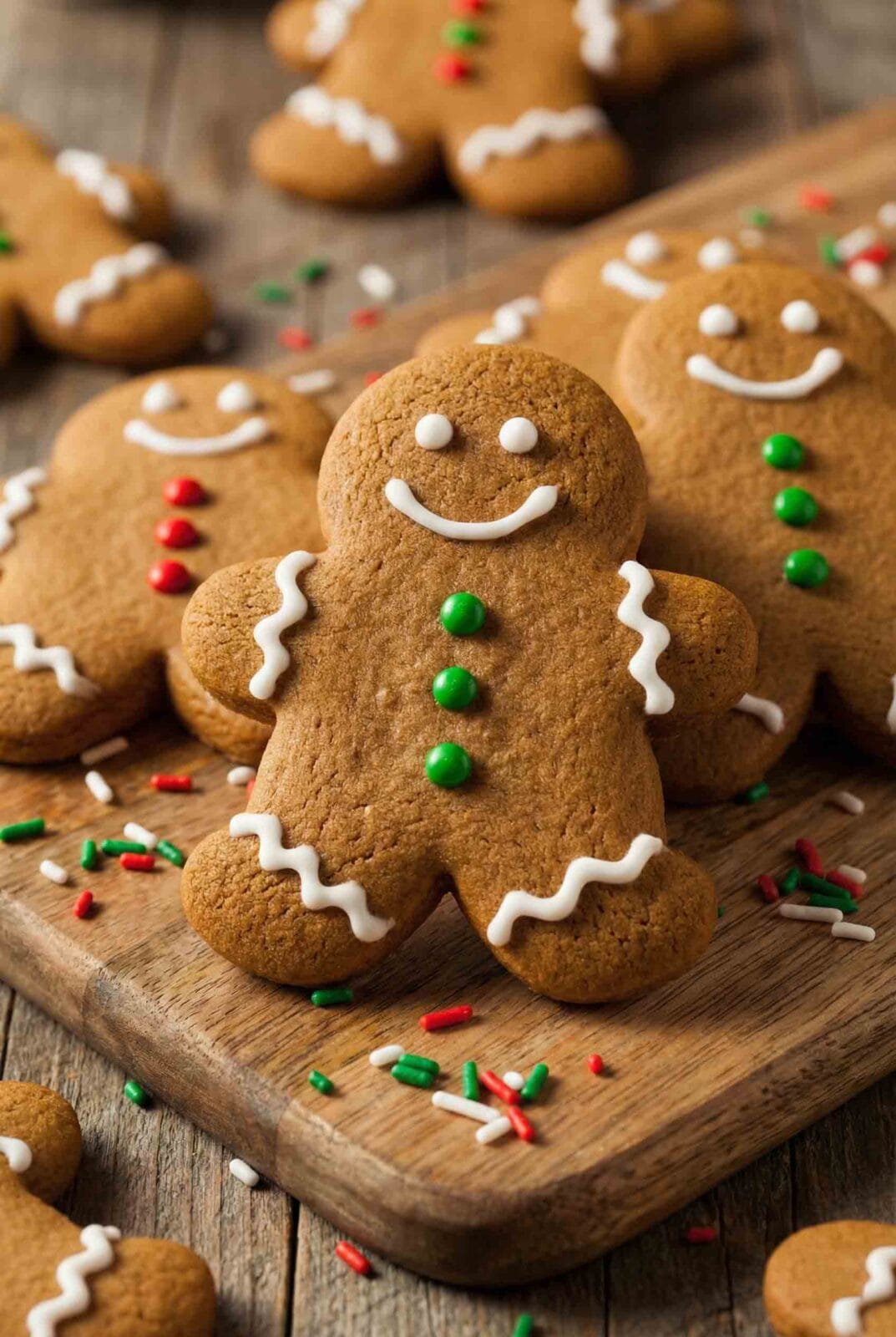 Close-up of soft gingerbread cookies with cheerful icing faces and festive sprinkles, showing tender cake-like texture perfect for holiday baking
