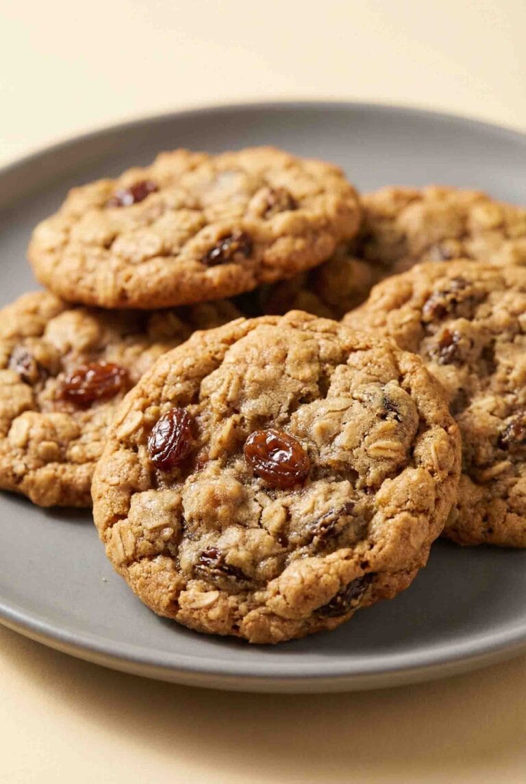 Editorial-style hero photo of soft oatmeal raisin cookies arranged on a minimal matte plate with a warm cream background, showing golden oats, plump raisins, and chewy cookie texture with soft diffused lighting.