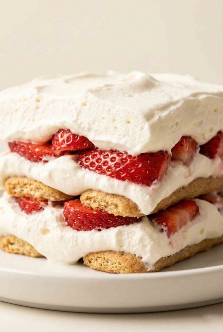 Strawberry Icebox Cake with thick whipped cream, graham cracker layers, and neatly arranged fresh strawberry slices on top