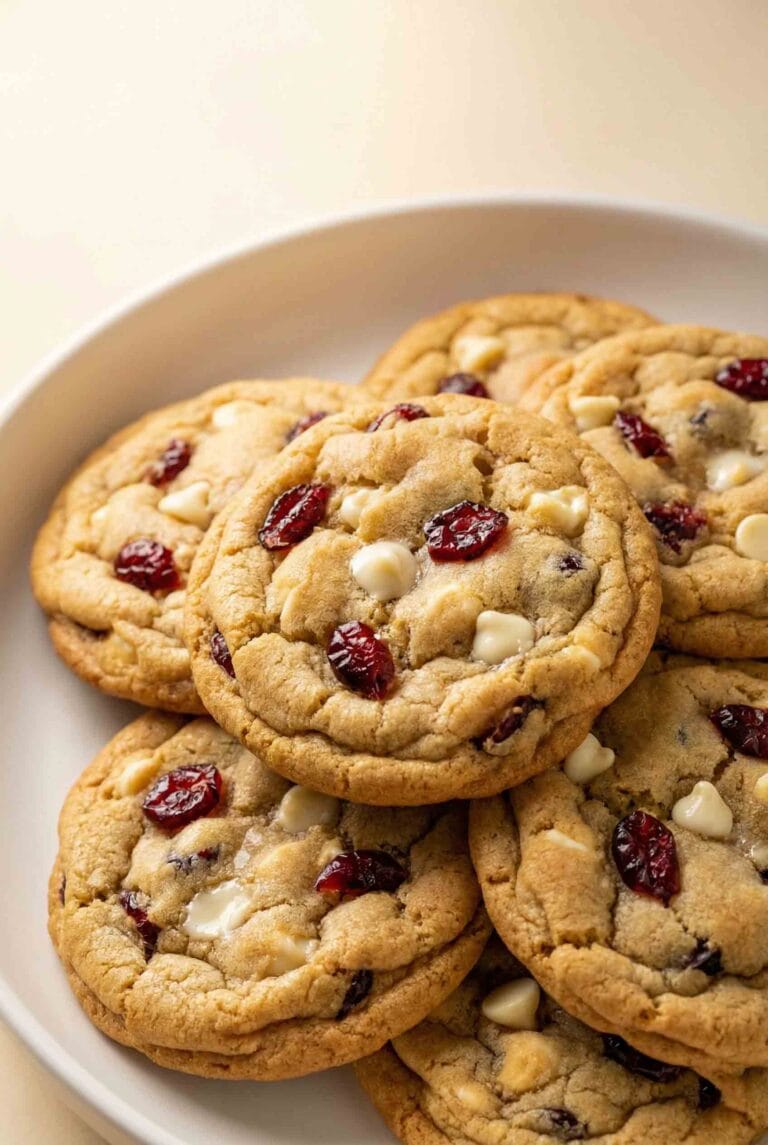 Vertical hero image of white chocolate cranberry cookies arranged on a matte white plate with warm cream background, showing golden edges, soft centers, white chocolate chips, and chewy cranberries in a clean modern style.